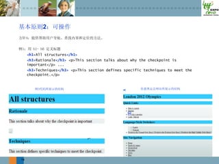 2



     <h1>All structures</h1>
     <h3>Rationale</h3> <p>This section talks about why the checkpoint is
     important</p> ...
     <h3>Techniques</h3> <p>This section defines specific techniques to meet the
     checkpoint.</p>




14
 
