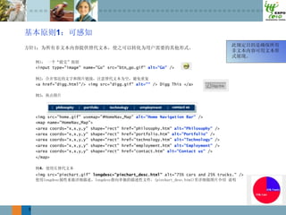 1



        <input type="image" name="Go" src="btn_go.gif" alt="Go" />


        <a href="digg.html"/> <img src="digg.gif" alt="" /> Digg This </a>






        <img src="home.gif" usemap="#HomeNav_Map" alt="Home Navigation Bar" />
        <map name="HomeNav_Map">
        <area coords=“x,x,y,y" shape="rect" href="philosophy.htm" alt="Philosophy" />
        <area coords=“x,x,y,y" shape="rect" href="portfolio.htm" alt="Portfolio" />
        <area coords=“x,x,y,y" shape="rect" href="technology.htm" alt="Technology" />
        <area coords=“x,x,y,y" shape="rect" href="employment.htm" alt="Employment" />
        <area coords=“x,x,y,y" shape="rect" href="contact.htm" alt="Contact us" />
        </map>

         4
        <img src="piechart.gif" longdesc="piechart_desc.html" alt="75% cars and 25% trucks." />





    5
 