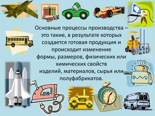 Основные процессы производства –
  это такие, в результате которых
  создается готовая продукция и
      происходит изменение
формы, размеров, физических или
        химических свойств
 изделий, материалов, сырья или
         полуфабрикатов.
 