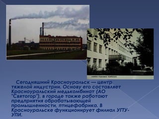        Сегодняшний Красноуральск — центр тяжелой индустрии. Основу его составляет Красноуральскиймедькомбинат (АО "Святогор"), в городе также работают предприятия обрабатывающей промышленности, птицефабрика. В Красноуральске функционирует филиал УГТУ-УПИ.