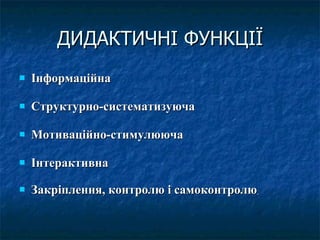 ДИДАКТИЧНІ ФУНКЦІЇ Інформаційна Структурно-систематизуюча Мотиваційно-стимулююча  Інтерактивна Закріплення, контролю і самоконтролю   