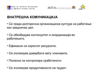 ВНАТРЕШНА КОМУНИКАЦИЈА
• Се гради долгорочна организациска култура на работење
кон заедничка цел.
• Се обезбедува континуитет и координација во
работењето.
• Ефикасно се користат ресурсите.
• Се зголемува довербата меѓу членовите.
• Полесно се контролира сработеното.
• Се зголемува продуктивноста на трудот.
 