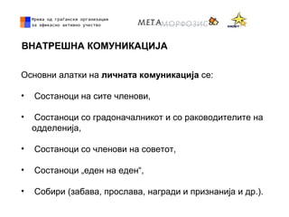 ВНАТРЕШНА КОМУНИКАЦИЈА
Основни алатки на личната комуникација се:
• Состаноци на сите членови,
• Состаноци со градоначалникот и со раководителите на
одделенија,
• Состаноци со членови на советот,
• Состаноци „еден на еден“,
• Собири (забава, прослава, награди и признанија и др.).
 
