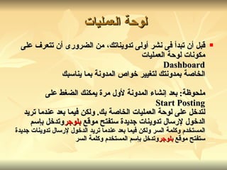 قبل أن تبدأ فى نشر أولى تدويناتك، من الضرورى أن تتعرف على مكونات لوحة العمليات Dashboard الخاصة بمدونتك لتغيير خواص المدونة بما يناسبك ملحوظة :  بعد إنشاء المدونة لأول مرة يمكنك الضغط على Start Posting لتدخل على لوحة العمليات الخاصة بك .  ولكن فيما بعد عندما تريد الدخول لإرسال تدوينات جديدة ستفتح موقع  بلوجر وتدخل بإسم  المستخدم وكلمة السر   ولكن فيما بعد عندما تريد الدخول لإرسال تدوينات جديدة ستفتح موقع  بلوجر وتدخل بإسم المستخدم وكلمة السر   لوحة العمليات   