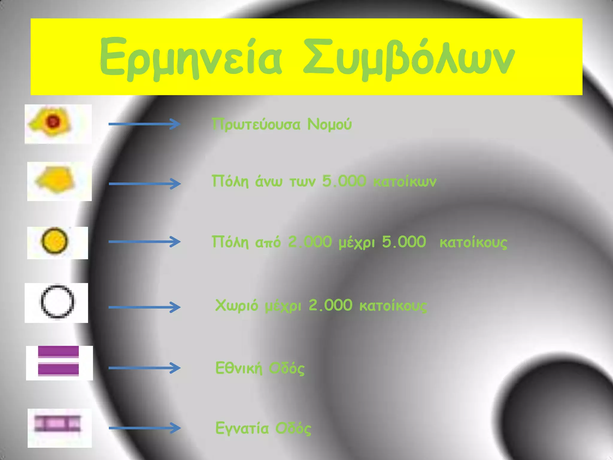 Ερμηνεία ΣυμβόλωνΠρωτεύουσα ΝομούΠόλη άνω των 5.000 κατοίκωνΠόλη από 2.000 μέχρι 5.000  κατοίκουςΧωριό μέχρι 2.000 κατοίκουςΕθνική ΟδόςΕγνατία Οδός