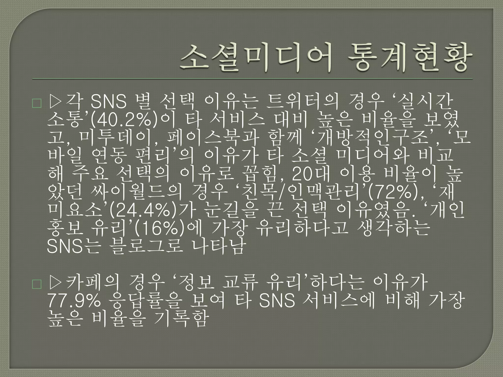  ▷각 SNS 별 선택 이유는 트위터의 경우 ‘실시간
 소통’(40.2%)이 타 서비스 대비 높은 비율을 보였
 고, 미투데이, 페이스북과 함께 ‘개방적인구조’, ‘모
 바일 연동 편리’의 이유가 타 소셜 미디어와 비교
 해 주요 선택의 이유로 꼽힘, 20대 이용 비율이 높
 았던 싸이월드의 경우 ‘친목/인맥관리’(72%), ‘재
 미요소’(24.4%)가 눈길을 끈 선택 이유였음. ‘개인
 홍보 유리’(16%)에 가장 유리하다고 생각하는
 SNS는 블로그로 나타남
 ▷카페의  경우 ‘정보 교류 유리’하다는 이유가
 77.9% 응답률을 보여 타 SNS 서비스에 비해 가장
 높은 비율을 기록함
 