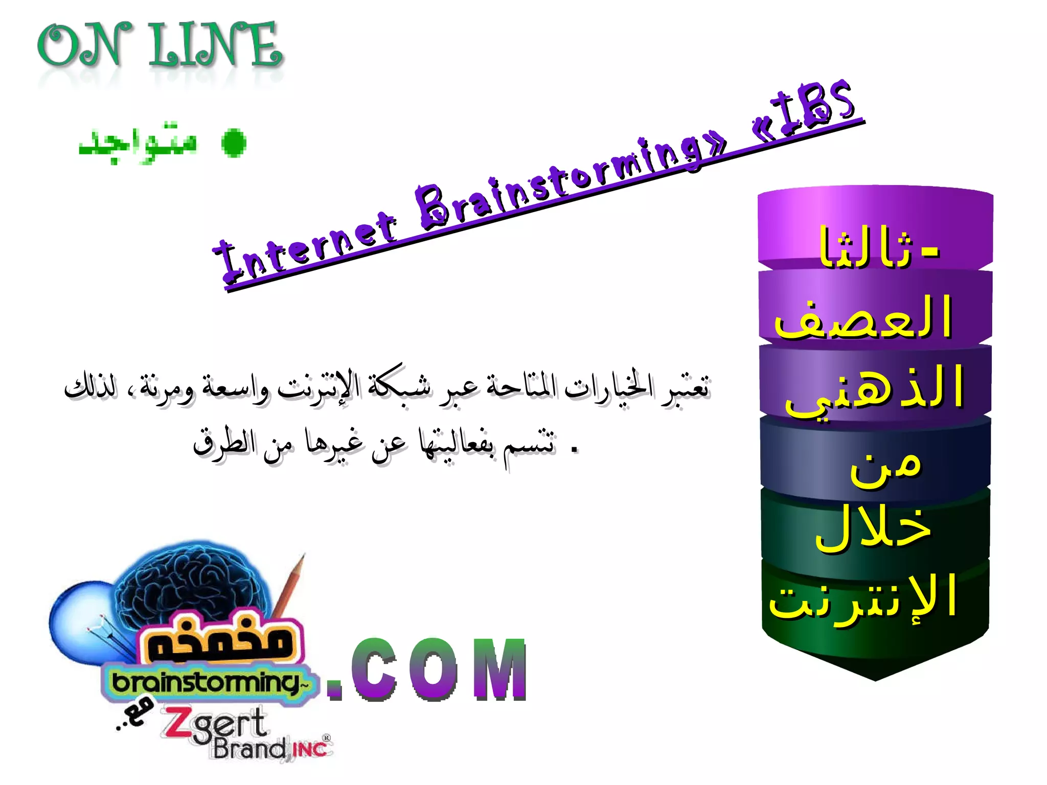 تعتبر الخيارات المتاحة عبر شبكة الإنترنت واسعة ومرنة، لذلك تتسم بفعاليتها عن غيرها من الطرق .  ثالثا  - العصف الذهني من  خلال  الإنترنت Internet Brainstorming» «IBS .COM 