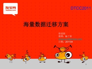 DTCC2011



海量数据迁移方案
      徐进挺
      微博：tb丁原
      dingyuan@taobao.com
      日期：201104




                            1
 