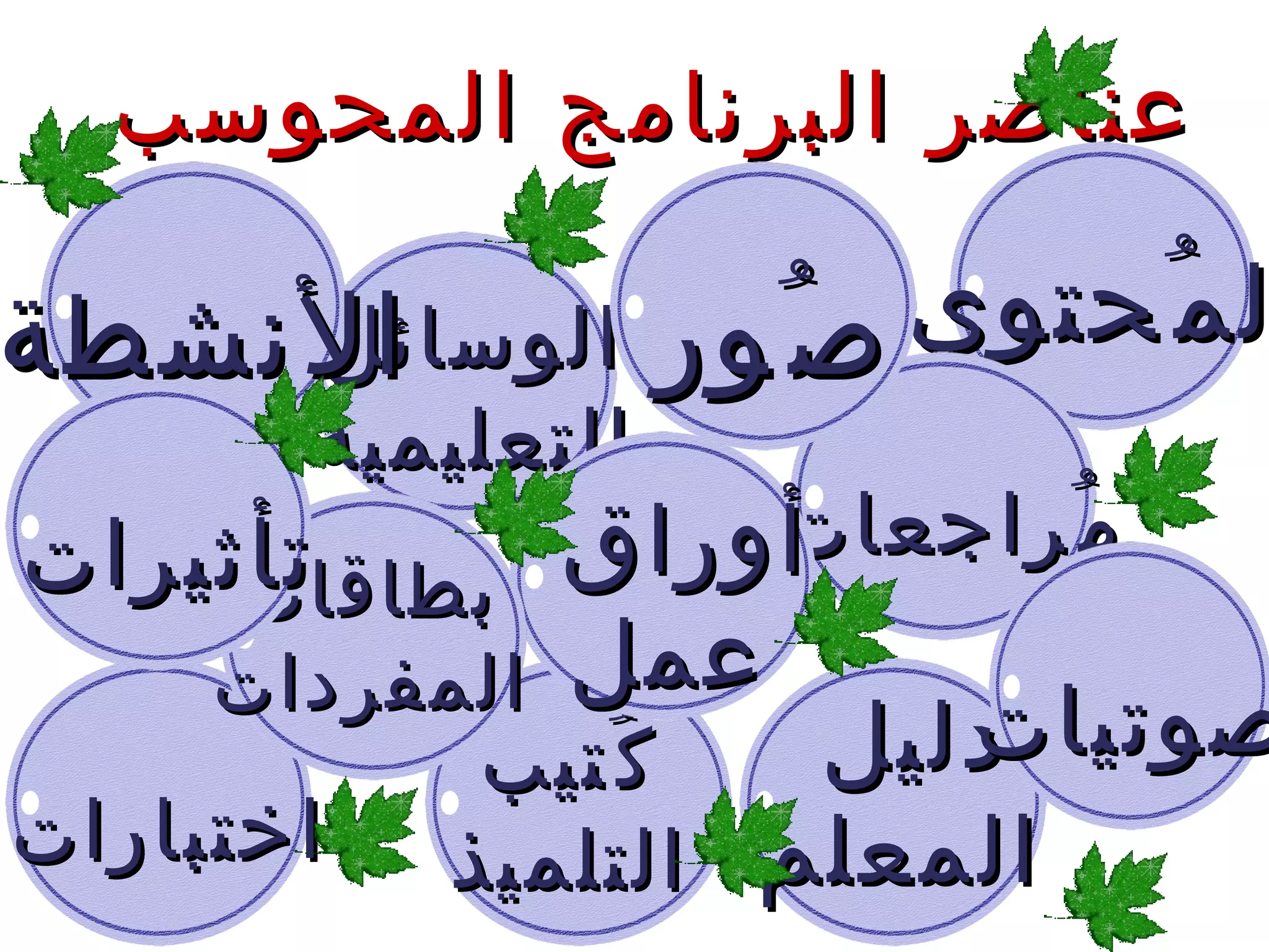 عناصر البرنامج المحوسب المُحتوى الوسائل التعليمية الأنشطة دليل  المعلم اختبارات كُتيب التلميذ مُراجعات أوراق  عمل بطاقات المفردات صوتيات صُور تأثيرات 