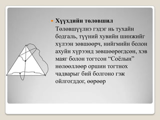 Хүүхдийн төлөвшил	Төлөвшүүлнэ гэдэг нь тухайн бодгаль, түүний хувийн шинжийг хүлээн зөвшөөрч, нийгмийн болон ахуйн хүрээнд зөвшөөрөгдсөн, хэв маяг болон тогтсон “Соёлын” нөлөөллөөр оршин тогтнох чадварыг бий болгоно гэж ойлгогддог, өөрөөр 