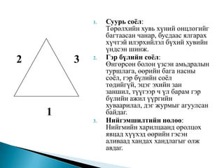 Суурь соёл:                              Төрөлхийн хувь хүний онцлогийг багтаасан чанар, бусдаас ялгарах хүчтэй илэрхийлэл бүхий хувийн үндсэн шинж.Гэр бүлийн соёл:                     Өнгөрсөн болон үзсэн амьдралын туршлага, өөрийн бага насны  соёл, гэр бүлийн соёл төдийгүй, эцэг эхийн зан заншил, түүгээр ч үл барам гэр бүлийн ажил үүргийн хуваарилал, дэг журмыг агуулсан байдаг.Нийгэмшилтийн нөлөө:            Нийгмийн харилцаанд оролцох явцад хүүхэд өөрийн гэсэн аливаад хандах хандлагыг олж авдаг.231