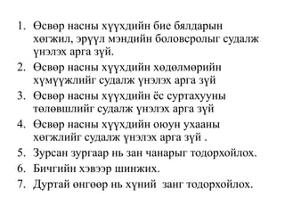 Өсвөр насны хүүхдийн бие бялдарын хөгжил, эрүүл мэндийн боловсролыг судалж үнэлэх арга зүй.Өсвөр насны хүүхдийн хөдөлмөрийн хүмүүжлийг судалж үнэлэх арга зүйӨсвөр насны хүүхдийн ёс суртахууны төлөвшлийг судалж үнэлэх арга зүйӨсвөр насны хүүхдийн оюун ухааны хөгжлийг судалж үнэлэх арга зүй .Зурсан зургаар нь зан чанарыг тодорхойлох.Бичгийн хэвээр шинжих.Дуртай өнгөөр нь хүний  занг тодорхойлох.