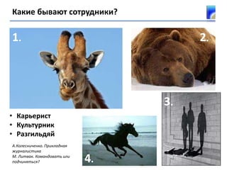 Какие бывают сотрудники?
А.Колесниченко. Прикладная
журналистика
М. Литвак. Командовать или
подчиняться?
1. 2.2.
3.
4.
• Карьерист
• Культурник
• Разгильдяй
 