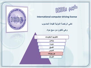 ‫‪International computer driving license‬‬

    ‫تعنً الرخصة الدولٌة لقٌادة الحاسوب‬

         ‫وهً تتكون من سبع مواد‬

       ‫تكنلوجٌا المعلومات‬
            ‫وٌندوز‬
             ‫وورد‬
            ‫اكسٌل‬
            ‫اكسٌس‬
          ‫بوربوٌنت‬
           ‫انترنت‬
 