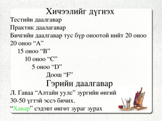 Хичээлийн явц:   1. Сэдэлжүүлэх   2 минут 2. Шинэ мэдлэг олгох 40 минут 3. Шинэ мэдлэг бататгах 30 минут 4. Хичээлийг дүгнэх   5 минут  5. Гэрийн даалгавар   3 минут 