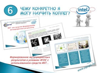6Чему конкретно ямогу научить коллег?Формированию метапредметных результатов в условиях ФГОС с использованием средств ИКТ… www.pgsga.ru 