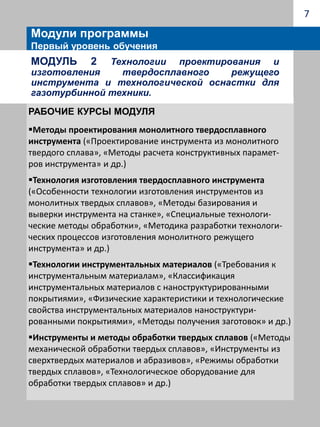 5Модули программыПервый уровень обученияМодуль 1 Наноматериалы в технологиях автоматизированного производстваРабочие курсы модуляФизикохимия наноструктур и наноматериалов («Физико-химические особенности многослойных нанострукту-рированных материалов», «Кластеры и малые частицы», «Физические свойства малых металлических частиц»,и др.)