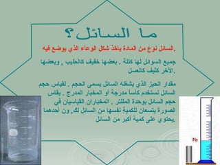 ما السائل؟ السائل نوع من المادة يأخذ شكل الوعاء الذي يوضع فيه  . جميع السوائل لها كتلة  .  بعضها خفيف كالحليب  ,  وبعضها الآخر كثيف كالعسل . مقدار الحيز الذي يشغله السائل يسمى الحجم  .  لقياس حجم السائل نستخدم كأساً مدرجة أو المخبار المدرج  .  يقاس حجم السائل بوحدة المللتر  .  المخباران القياسيان في الصورة يتسعان للكمية نفسها من السائل لك ,  ون أحدهما يحتوي على كمية أكبر من السائل . 