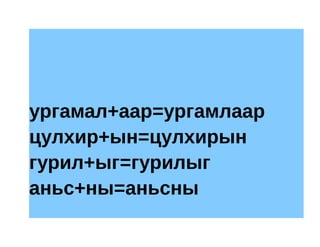 ургамал+аар=ургамлаар
цулхир+ын=цулхирын
гурил+ыг=гурилыг
аньс+ны=аньсны
 