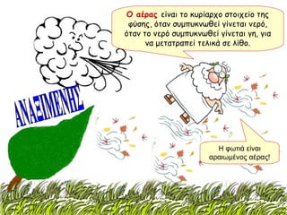 Ο αέρας   είναι το κυρίαρχο στοιχείο της φύσης, όταν συμπυκνωθεί γίνεται νερό, όταν το νερό συμπυκνωθεί γίνεται γη, για να μετατραπεί τελικά σε λίθο. ΑΝΑΞΙΜΕΝΗΣ Η φωτιά είναι αραιωμένος αέρας! 