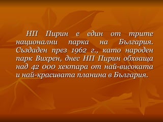 НП Пирин е един от трите национални парка на България. Създаден през 1962 г., като народен парк Вихрен, днес НП Пирин обхваща над 42 000 хектара от най-високата и най-красивата планина в България. 