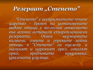 Резерват „Стенето”            “ Стенето” е всепризнатото птиче царство - броят на установените видове птици е по-голям отколкото във всички останали старопланински резервати. Освен неуморните кълвачи, совите и горските пойни птици, в "Стенето" са оцелели  и малкият и царският орел, соколът орко, врабчовата кукумявка, уралската улулица. 