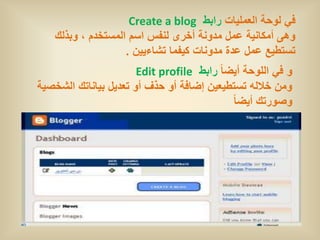 ‫فً لوحة العملٌات رابط ‪Create a blog‬‬
    ‫وهى أمكانٌة عمل مدونة أخرى لنفس اسم المستخدم ، وبذلك‬
                    ‫تستطٌع عمل عدة مدونات كٌفما تشاءٌٌن .‬
                       ‫و فً اللوحة أٌضا ً رابط ‪Edit profile‬‬
‫ومن خالله تستطٌعٌن إضافة أو حذف أو تعدٌل بٌاناتك الشخصٌة‬
                                             ‫وصورتك أٌضا ً‬
 