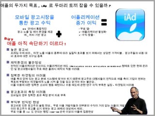 모바일 광고시장을 통한 광고 수익 어플리케이션  증가 이익 애플의 두가지 목표 , iAd 로 두마리 토끼 잡을 수 있을까 ? = + ' 무료 앱 ‘ =' 애플리케이션 활성화 ‘ =' 수익 창출 ' OS  안에서 통합적인  광고 노출 및 제어 환경을 제공 예 _ 위치 기반 광고 높은 광고비 프레임 수에 따라 ,  타겟 노출 어플의 종류에 따라 실질적 효과를 보기 위해서는 상당한 가격지불 .  광고주들의 비용 대비 효과에 대한 의구심 증폭  제작환경의 불안정성 전적인 어플리케이션 인사이드 어플리케이션 애드  (Application inside application advertising) 형태로 인한 현재 온라인 및 광고대행사들이 주로 해온 플래시 제작의 적용 어려움 정확한 타겟팅의 어려움 애플 측의 닫혀 있는 광고 분배 시스템에 맞겨야 하기 때문에 광고주와 대행사들이 전적으로 애플 측이 기업이 원하는 목표에 부합하는 타겟들에게 노출 시켜 줄 것을 믿고 맏겨야 하는 불안감 . 어플 이용에 대한 정확한 소비자 행동 패턴이나 수용 태도에 관현 연구 아직 부족한 실정  –  타겟팅의 어려움 광고효과의 측정 어려움 모바일의 경우 정확한 효과 측정 분석 자료 부족 부익부 빈익빈 현상 광고비로 인한 광고주의 쏠림 현상 ,  무료 어플 개발자들과 대부분의 수익이 거의 없는 어플의 개발자들의 경우 이미 광고주가 광고를 싣기 원하는 광고 매체의 대상에서 제외 . 무료 어플 중  1% 도 안되는 랭킹  100~30 순위 이상의 어플에 집중현상 애플 아직 속단하기 이르다 ! BUT 