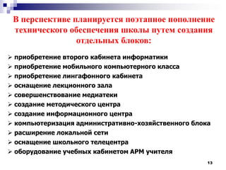 13В перспективе планируется поэтапное пополнение технического обеспечения школы путем создания отдельных блоков: приобретение второго кабинета информатики