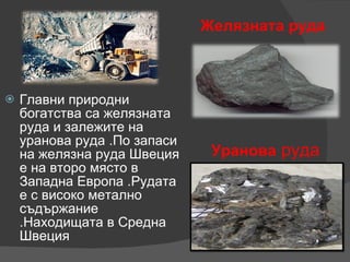 Главни природни богатства са желязната руда и залежите на уранова руда .По запаси на желязна руда Швеция е на второ място в Западна Европа .Рудата е с високо метално съдържание .Находищата в Средна Швеция Желязната руда Уранова  руда 