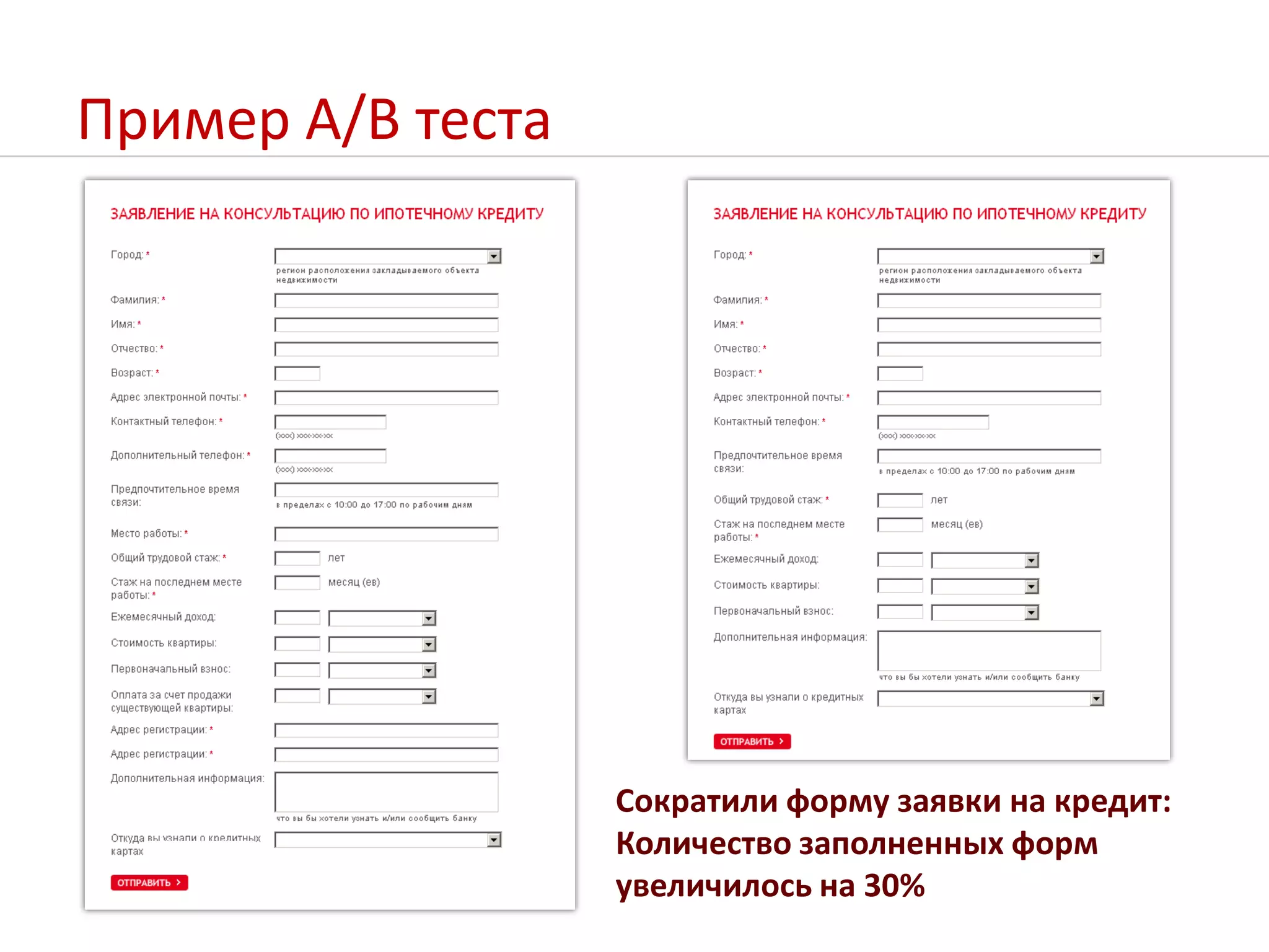 Пример A/B тестаСократили форму заявки на кредит:Количество заполненных форм увеличилось на 30% 