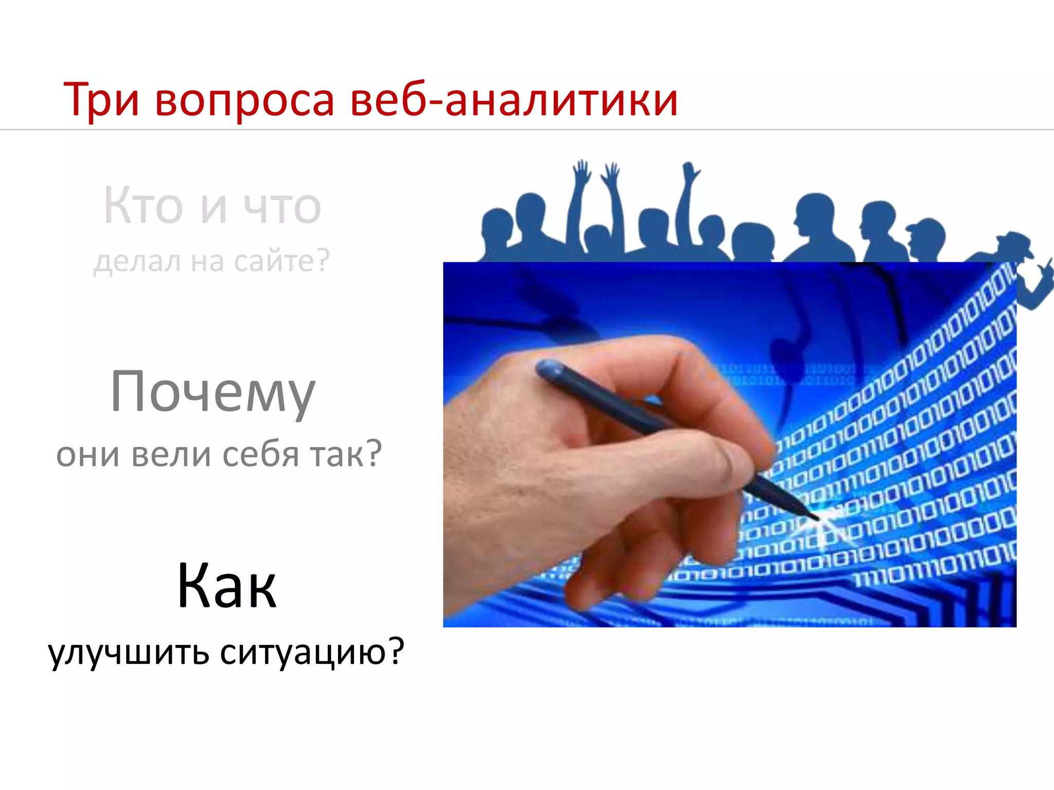Три вопроса веб-аналитикиКто и чтоделал на сайте?Почему они вели себя так?Какулучшить ситуацию?