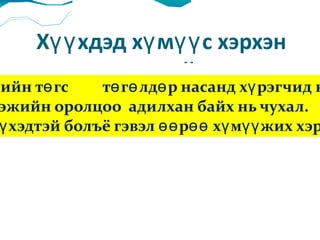 Хүүхдэд хүмүүс хэрхэн яаж амьдардгийг ухааруул -Хүүхдийн хувьд хамгийн төгс  төгөлдөр насанд хүрэгчид нь аав ээж нь байдаг. -Хамгийн гол нь аав ээжийн оролцоо  адилхан байх нь чухал. -Бид хүмүүжилтэй хүүхэдтэй болъё гэвэл өөрөө хүмүүжих хэрэгтэй юм.  