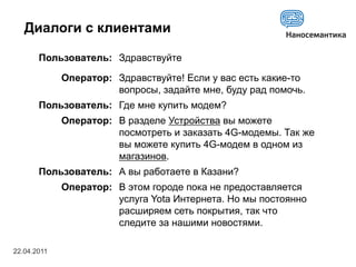Диалоги с клиентами

       Пользователь: Здравствуйте

             Оператор: Здравствуйте! Если у вас есть какие-то
                       вопросы, задайте мне, буду рад помочь.
       Пользователь: Где мне купить модем?
             Оператор: В разделе Устройства вы можете
                       посмотреть и заказать 4G-модемы. Так же
                       вы можете купить 4G-модем в одном из
                       магазинов.
       Пользователь: А вы работаете в Казани?
             Оператор: В этом городе пока не предоставляется
                       услуга Yota Интернета. Но мы постоянно
                       расширяем сеть покрытия, так что
                       следите за нашими новостями.

22.04.2011
 