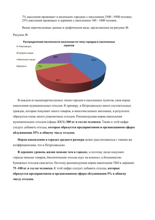 7% населения проживает в маленьких городках с населением 2500 - 9500 человек;
      25% населения проживает в деревнях с населением 100 - 1000 человек.

      Выше перечисленные данные в графическом виде, представлены на рисунке №

Рисунок №




   В каждом из вышеперечисленных типов городов и населенных пунктов, своя норма
накопления муниципальных отходов. К примеру, в Петрозаводске много состоятельных
граждан, которые покупают много товаров, в многочисленных магазинах, в результате
образуется очень много упаковочных отходов. Рекомендуемая норма накопления
муниципальных отходов (сферы ЖКХ) 300 кг в год на человека. Также к этой цифре
следует добавить отходы, которые образуется предприятиями и организациями сферы
облуживания 35% к общему числу отходов.

   Норма накопления в городах среднего размера может рассчитываться с такими же
коэффициентами, что в Петрозаводске.

   В деревнях уровень жизни меньше чем в городах, и поэтому люди покупают
гораздо меньше товаров, биологические отходы идут на компост, а большинство
бумажных отходов сжигается. Поэтому рекомендуемая норма накопления ТБО в деревнях
75 -100 кг в год на человека. К этой цифре следует добавить отходы, которые
образуется предприятиями и организациями сферы облуживания 5% к общему
числу отходов.
 