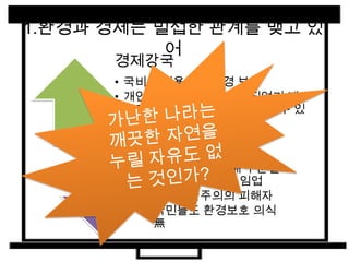 현대사회에서 환경은 어떤 양상을 나타낼까?환경과 경제모두 경제와 관련되어 있다는 점에 주목해줘! 이건 현대사회에서 경제에 대한 관심이 갈수록 커지고 있기 때문이야환경제국주의환경 경영