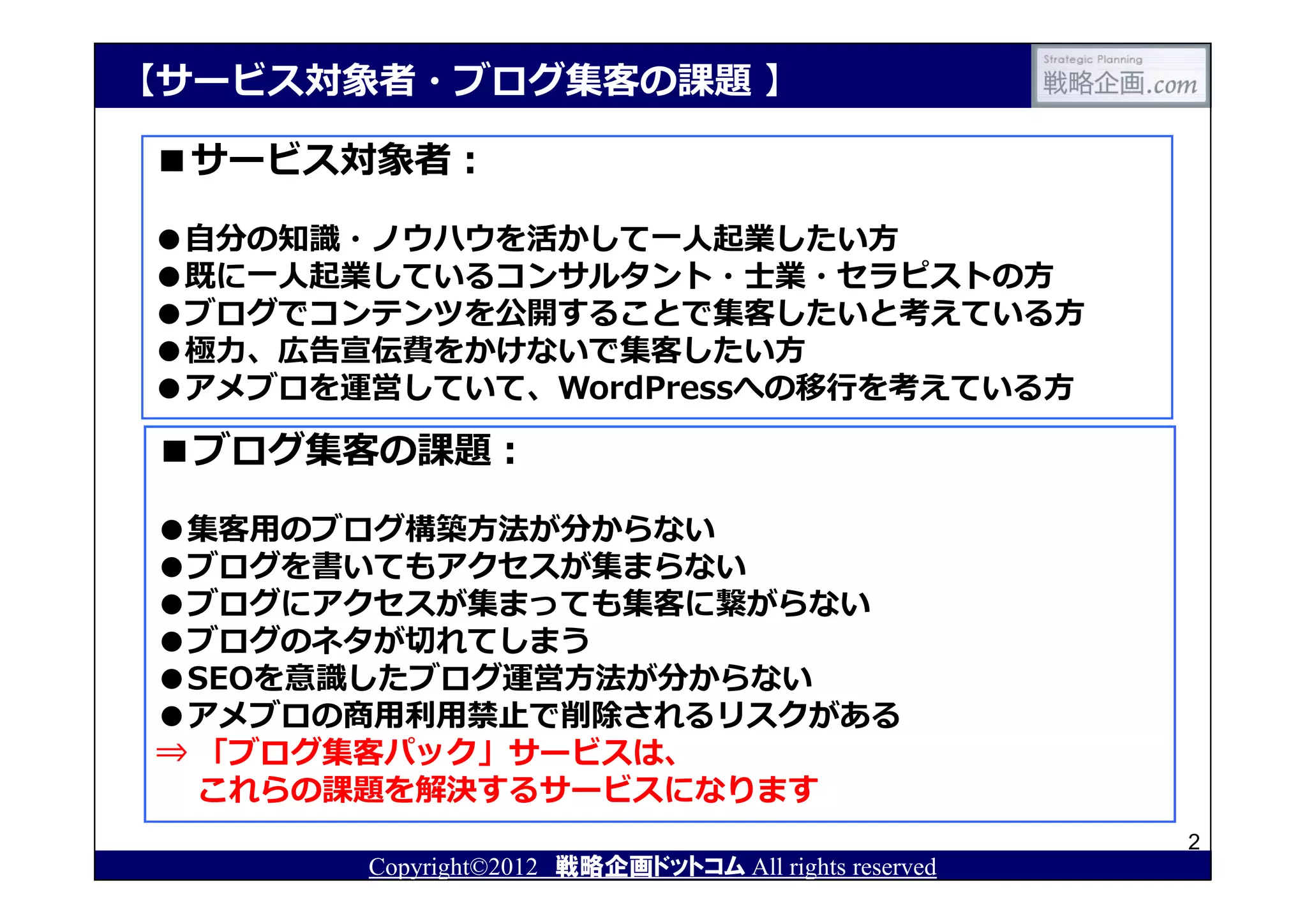 【サービス対象者・ブログ集客の課題 】

■サービス対象者：

●⾃分の知識・ノウハウを活かして⼀⼈起業したい⽅
●既に⼀⼈起業しているコンサルタント・士業・セラピストの⽅
●ブログでコンテンツを公開することで集客したいと考えている⽅
●極⼒、広告宣伝費をかけないで集客したい⽅
●アメブロを運営していて、WordPressへの移⾏を考えている⽅

 ■ブログ集客の課題：

 ●集客用のブログ構築⽅法が分からない
 ●ブログを書いてもアクセスが集まらない
 ●ブログにアクセスが集まっても集客に繋がらない
 ●ブログのネタが切れてしまう
 ●SEOを意識したブログ運営⽅法が分からない
 ●アメブロの商用利用禁⽌で削除されるリスクがある
 ⇒ 「ブログ集客パック」サービスは、
   これらの課題を解決するサービスになります
                                                      2
       Copyright©2012 戦略企画ドットコム All rights reserved
 