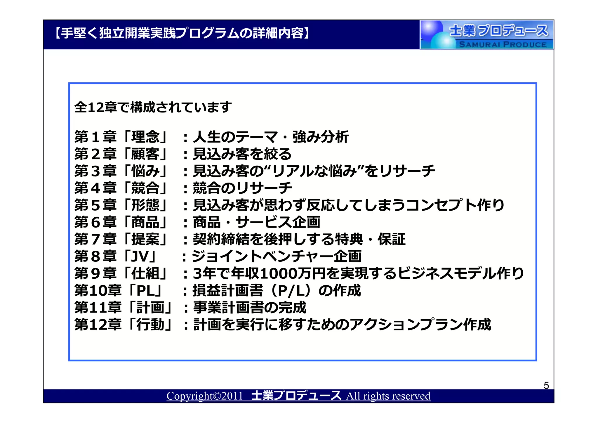 【⼿堅く独⽴開業実践プログラムの詳細内容】




  全12章で構成されています

  第１章「理念」 ：人生のテーマ・強み分析
  第２章「顧客」 ：⾒込み客を絞る
  第３章「悩み」 ：⾒込み客の“リアルな悩み”をリサーチ
  第４章「競合」 ：競合のリサーチ
  第５章「形態」 ：⾒込み客が思わず反応してしまうコンセプト作り
  第６章「商品」 ：商品・サービス企画
  第７章「提案」 ：契約締結を後押しする特典・保証
  第８章「JV」 ：ジョイントベンチャー企画
  第９章「仕組」 ：3年で年収1000万円を実現するビジネスモデル作り
  第10章「PL」 ：損益計画書（P/L）の作成
  第11章「計画」：事業計画書の完成
  第12章「⾏動」：計画を実⾏に移すためのアクションプラン作成



                                                       5
         Copyright©2011 士業プロデュース All rights reserved
 