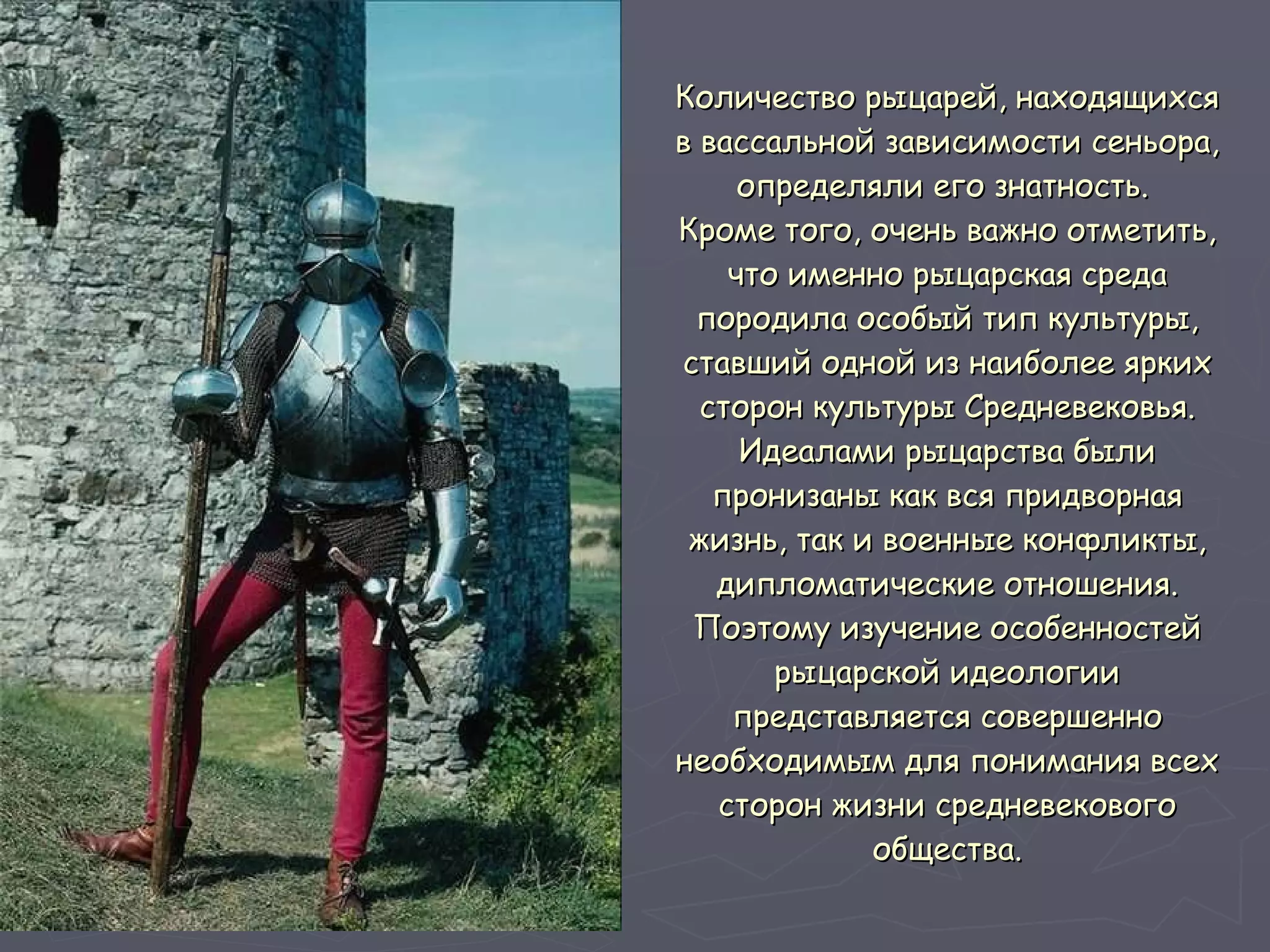 Количество рыцарей, находящихся в вассальной зависимости сеньора, определяли его знатность.  Кроме того, очень важно отметить, что именно рыцарская среда породила особый тип культуры, ставший одной из наиболее ярких сторон культуры Средневековья. Идеалами рыцарства были пронизаны как вся придворная жизнь, так и военные конфликты, дипломатические отношения. Поэтому изучение особенностей рыцарской идеологии представляется совершенно необходимым для понимания всех сторон жизни средневекового общества. 