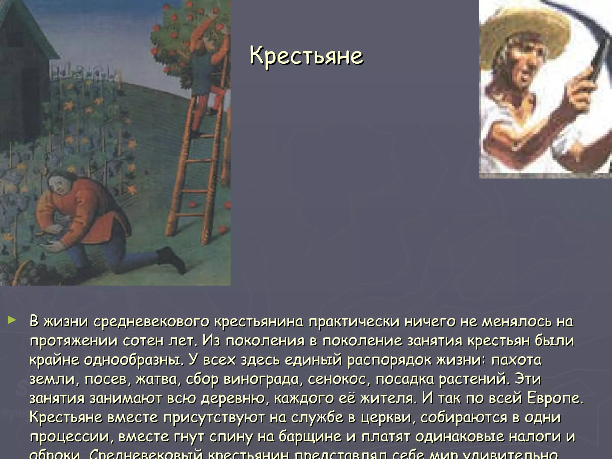 Крестьяне В жизни средневекового крестьянина практически ничего не менялось на протяжении сотен лет. Из поколения в поколение занятия крестьян были крайне однообразны. У всех здесь единый распорядок жизни: пахота земли, посев, жатва, сбор винограда, сенокос, посадка растений. Эти занятия занимают всю деревню, каждого её жителя. И так по всей Европе. Крестьяне вместе присутствуют на службе в церкви, собираются в одни процессии, вместе гнут спину на барщине и платят одинаковые налоги и оброки. Средневековый крестьянин представлял себе мир удивительно однообразным и неизменным, как во времени, так и в пространстве. 