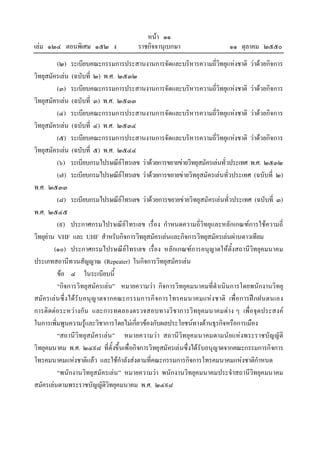 หนา ๑๑
เลม ๑๒๔ ตอนพิเศษ ๑๕๒ ง               ราชกิจจานุเบกษา                   ๑๑ ตุลาคม ๒๕๕๐
          (๒) ระเบียบคณะกรรมการประสานงานการจัดและบริหารความถี่วิทยุแหงชาติ วาดวยกิจการ
วิทยุสมัครเลน (ฉบับที่ ๒) พ.ศ. ๒๕๓๒
          (๓) ระเบียบคณะกรรมการประสานงานการจัดและบริหารความถี่วิทยุแหงชาติ วาดวยกิจการ
วิทยุสมัครเลน (ฉบับที่ ๓) พ.ศ. ๒๕๓๓
          (๔) ระเบียบคณะกรรมการประสานงานการจัดและบริหารความถี่วิทยุแหงชาติ วาดวยกิจการ
วิทยุสมัครเลน (ฉบับที่ ๔) พ.ศ. ๒๕๓๔
          (๕) ระเบียบคณะกรรมการประสานงานการจัดและบริหารความถี่วิทยุแหงชาติ วาดวยกิจการ
วิทยุสมัครเลน (ฉบับที่ ๕) พ.ศ. ๒๕๔๔
          (๖) ระเบียบกรมไปรษณียโทรเลข วาดวยการขยายขายวิทยุสมัครเลนทั่วประเทศ พ.ศ. ๒๕๓๒
          (๗) ระเบียบกรมไปรษณียโทรเลข วาดวยการขยายขายวิทยุสมัครเลนทั่วประเทศ (ฉบับที่ ๒)
พ.ศ. ๒๕๓๓
          (๘) ระเบียบกรมไปรษณียโทรเลข วาดวยการขยายขายวิทยุสมัครเลนทั่วประเทศ (ฉบับที่ ๓)
พ.ศ. ๒๕๔๕
          (๙) ประกาศกรมไปรษณียโทรเลข เรื่อง กําหนดความถี่วิทยุและหลักเกณฑการใชความถี่
วิทยุยาน VHF และ UHF สําหรับกิจการวิทยุสมัครเลนและกิจการวิทยุสมัครเลนผานดาวเทียม
         (๑๐) ประกาศกรมไปรษณียโทรเลข เรื่อง หลักเกณฑการอนุญาตใหตั้งสถานีวิทยุคมนาคม
ประเภทสถานีทวนสัญญาณ (Repeater) ในกิจการวิทยุสมัครเลน
          ขอ ๔ ในระเบียบนี้
          “กิจการวิทยุสมัครเลน” หมายความวา กิจการวิทยุคมนาคมที่ดําเนินการโดยพนักงานวิทยุ
สมัครเลน ซึ่ งไดรั บอนุญ าตจากคณะกรรมการกิ จการโทรคมนาคมแหง ชาติ เพื่อ การฝ กฝนตนเอง
การติดตอระหวางกัน และการทดลองตรวจสอบทางวิช าการวิทยุคมนาคมตาง ๆ เพื่อจุดประสงค
ในการเพิ่มพูนความรูและวิชาการโดยไมเกี่ยวของกับผลประโยชนทางดานธุรกิจหรือการเมือง
          “สถานีวิทยุสมัครเลน ” หมายความวา สถานีวิทยุคมนาคมตามนัยแหงพระราชบัญญัติ
วิทยุคมนาคม พ.ศ. ๒๔๙๘ ที่ตั้งขึ้นเพื่อกิจการวิทยุสมัครเลนซึ่งไดรับอนุญาตจากคณะกรรมการกิจการ
โทรคมนาคมแหงชาติแลว และใชกําลังสงตามที่คณะกรรมการกิจการโทรคมนาคมแหงชาติกําหนด
          “พนักงานวิทยุสมัครเลน” หมายความวา พนักงานวิทยุคมนาคมประจําสถานีวิทยุคมนาคม
สมัครเลนตามพระราชบัญญัติวิทยุคมนาคม พ.ศ. ๒๔๙๘
 