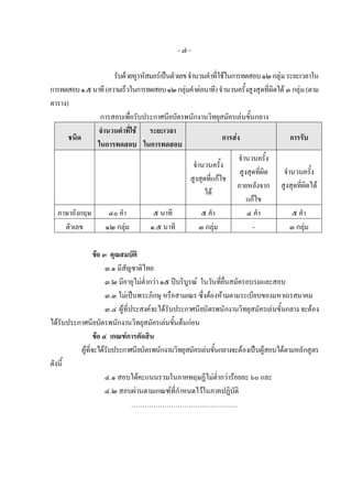 -๗-

                     รับดวยหูรหัสมอรเปนตัวเลข จํานวนคําที่ใชในการทดสอบ ๑๒ กลุม ระยะเวลาใน
การทดสอบ ๑.๕ นาที (ความเร็วในการทดสอบ ๑๒ กลุมคําตอนาที) จํานวนครั้งสูงสุดที่ผิดได ๓ กลุม (ตาม
ตาราง)
               การสอบเพื่อรับประกาศนียบัตรพนักงานวิทยุสมัครเลนขั้นกลาง
               จํานวนคําที่ใช ระยะเวลา
      ชนิด                                                     การสง                  การรับ
              ในการทดสอบ ในการทดสอบ
                                                                     จํานวนครั้ง
                                                    จํานวนครั้ง
                                                                     สูงสุดที่ผิด   จํานวนครั้ง
                                                  สูงสุดที่แกไข
                                                                    ภายหลังจาก สูงสุดที่ผิดได
                                                        ได
                                                                        แกไข
  ภาษาอังกฤษ       ๔๐ คํา          ๕ นาที              ๕ คํา            ๔ คํา           ๕ คํา
     ตัวเลข       ๑๒ กลุม        ๑.๕ นาที             ๓ กลุม            -            ๓ กลุม

                 ขอ ๓ คุณสมบัติ
                      ๓.๑ มีสัญชาติไทย
                      ๓.๒ มีอายุไมต่ํากวา ๑๕ ปบริบูรณ ในวันที่ยื่นสมัครอบรมและสอบ
                      ๓.๓ ไมเปนพระภิกษุ หรือสามเณร ซึ่งตองหามตามระเบียบของมหาเถรสมาคม
                      ๓.๔ ผูที่ประสงคจะไดรับประกาศนียบัตรพนักงานวิทยุสมัครเลนขั้นกลาง จะตอง
ไดรับประกาศนียบัตรพนักงานวิทยุสมัครเลนขั้นตนกอน
                 ขอ ๔ เกณฑการตัดสิน
          ผูที่จะไดรับประกาศนียบัตรพนักงานวิทยุสมัครเลนขั้นกลางจะตองเปนผูสอบไดตามหลักสูตร
ดังนี้
                      ๔.๑ สอบไดคะแนนรวมในภาคทฤษฏีไมต่ํากวารอยละ ๖๐ และ
                      ๔.๒ สอบผานตามเกณฑที่กําหนดไวในภาคปฏิบัติ
                                 …………………………………………
 
