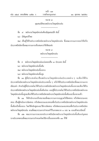 หนา ๑๓
เลม ๑๒๔ ตอนพิเศษ ๑๕๒ ง                    ราชกิจจานุเบกษา                       ๑๑ ตุลาคม ๒๕๕๐
                                             หมวด ๓
                                 คุณสมบัติของพนักงานวิทยุสมัครเลน


         ขอ ๘ พนักงานวิทยุสมัครเลนตองมีคุณสมบัติ ดังนี้
         (๑) มีสัญชาติไทย
         (๒) เปน ผู ไดรั บประกาศนียบัต รพนั กงานวิทยุ สมัครเลน ซึ่ง คณะกรรมการออกใหหรื อ
ประกาศนียบัตรซึ่งคณะกรรมการเห็นสมควรใหเทียบเทา
                                              หมวด ๔
                                        พนักงานวิทยุสมัครเลน

         ขอ ๙ พนักงานวิทยุสมัครเลนแบงออกเปน ๓ ประเภท ดังนี้
         (๑) พนักงานวิทยุสมัครเลนขั้นตน
         (๒) พนักงานวิทยุสมัครเลนขั้นกลาง
         (๓) พนักงานวิทยุสมัครเลนขั้นสูง
         ขอ ๑๐ ผู ที่ ป ระสงค จ ะเป น พนั ก งานวิ ท ยุ ส มั ค รเล น ประเภทต า ง ๆ จะต อ งได รั บ
ประกาศนียบัตรพนักงานวิทยุสมัครเลนประเภทนั้น ๆ หรือไดรับประกาศนียบัตรที่คณะกรรมการ
เทียบเทา สําหรับผูที่ประสงคจะไดรับประกาศนียบัตรพนักงานวิทยุสมัครเลนขั้น กลางจะตองไดรับ
ประกาศนียบัตรพนักงานวิทยุสมัครเลนขั้นตนกอน และผูที่ประสงคจะไดรับประกาศนียบัตรพนักงาน
วิทยุสมัครเลนขั้นสูงจะตองไดรับประกาศนียบัตรพนักงานวิทยุสมัครเลนขั้นตนและขั้นกลางแลว
         ขอ ๑๑ ใหสํานักงานหรือสมาคมที่คณะกรรมการอนุญาตใหจัดสอบ หรือจัดอบรมและ
สอบ เปนผูดําเนินการจัดสอบ หรือจัดอบรมและสอบเพื่อรับประกาศนียบัตรพนักงานวิทยุสมัครเลน
ขั้นตนหรือขั้นกลาง โดยใชหลักสูตรและวิธีการจัดสอบ หรือจัดอบรมและสอบเพื่อรับประกาศนียบัตร
พนักงานวิทยุสมัครเลน ตามที่คณะกรรมการกําหนดไวในภาคผนวก ๑ และ ๒ แนบทายระเบียบนี้
         ขอ ๑๒ คณะกรรมการจะออกประกาศนียบัตรพนักงานวิทยุสมัครเลน ขั้น ต น แกบุคคล
บางประเภทตามที่คณะกรรมการกําหนดโดยวิธีการอื่นนอกจากขอ ๑๑ ก็ได
 