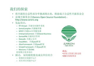 ǵ̽
? ԴĹԲֵ̽ԿԴ
? ϢԴ(Sarons Open Source Foundation) 
  http://www.sarons.org
? Ŀ
  C RT-thread : Դʵʱϵͳ
  C SemoCompiler:Դ
  C MYCP:ԴC++Ӧ÷
  C EnterpriseConnect: ԴSocial Business
  C ZentaoPM:ԴĿ
  C Ralasafe: Դưȫ
  C EasyJWeb Դjava
  C JDonFramework :Դjava
  C SimpleFramework :Դjava
  C Maricms:ԴCMS
                                           ս
  Ŀ
                                           ?ҵܲŵ֧
? ֣̽ θ˼Աλ                         ?200ԭʼ
  C ģ
  C ĿԽģ
 