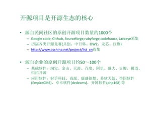 ԴĿǿԴ̬ĺ

? ԴԭԴĿԼ1000
 C Google code, Github, Sourceforge,rubyforge,codehause, Javaeyeɼ
 C ࿪Դ(պOW2о)
 C http://www.oschina.net/project/list_cnռ


? ԴԹ˾ԭԴĿԼ50100
 C Աɽġٶȡʢ󡢶ꡢ
   ؿԴ
 C ӦֿƼɡʢ롢촴۹
   (EmpireCMS)׿׿(dedecms)벩(php168) 
 