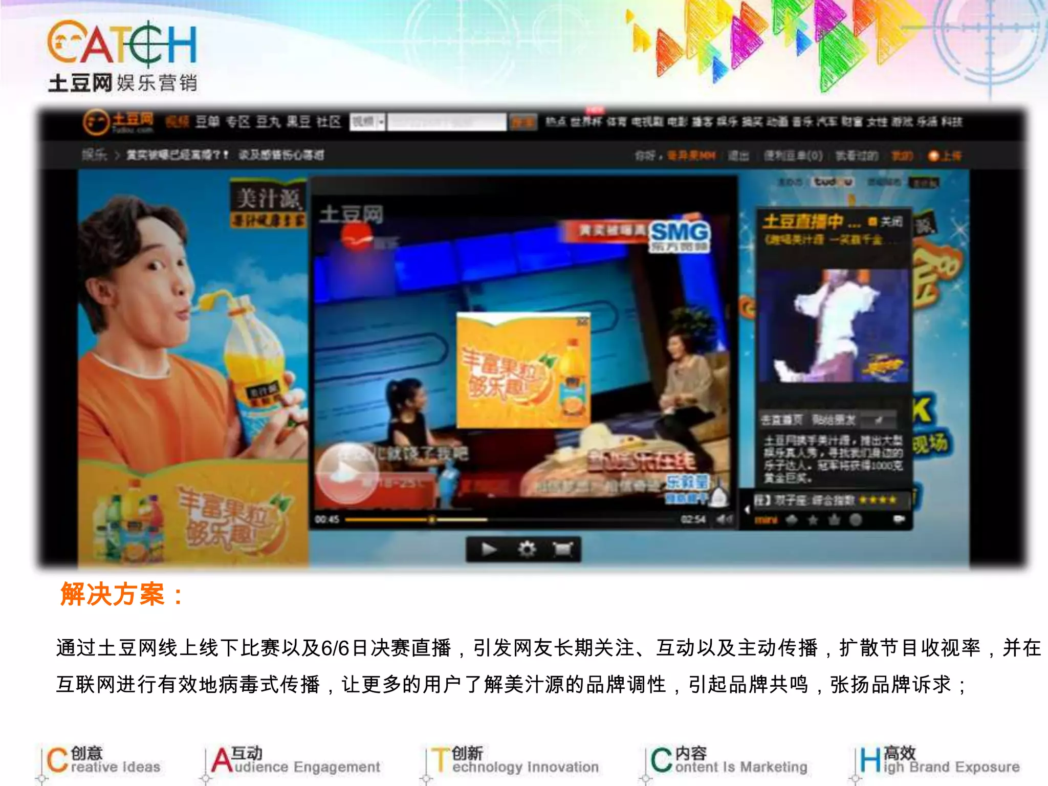 解决方案：      通过土豆网线上线下比赛以及6/6日决赛直播，引发网友长期关注、互动以及主动传播，扩散节目收视率，并在互联网进行有效地病毒式传播，让更多的用户了解美汁源的品牌调性，引起品牌共鸣，张扬品牌诉求；
