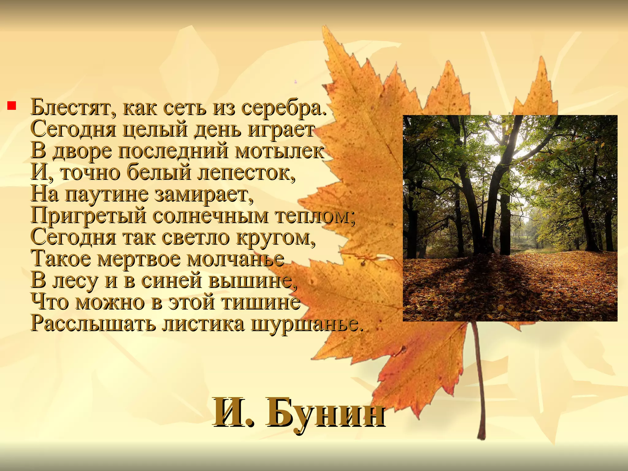 И. Бунин Блестят, как сеть из серебра. Сегодня целый день играет В дворе последний мотылек И, точно белый лепесток, На паутине замирает, Пригретый солнечным теплом; Сегодня так светло кругом, Такое мертвое молчанье В лесу и в синей вышине, Что можно в этой тишине Расслышать листика шуршанье. 
