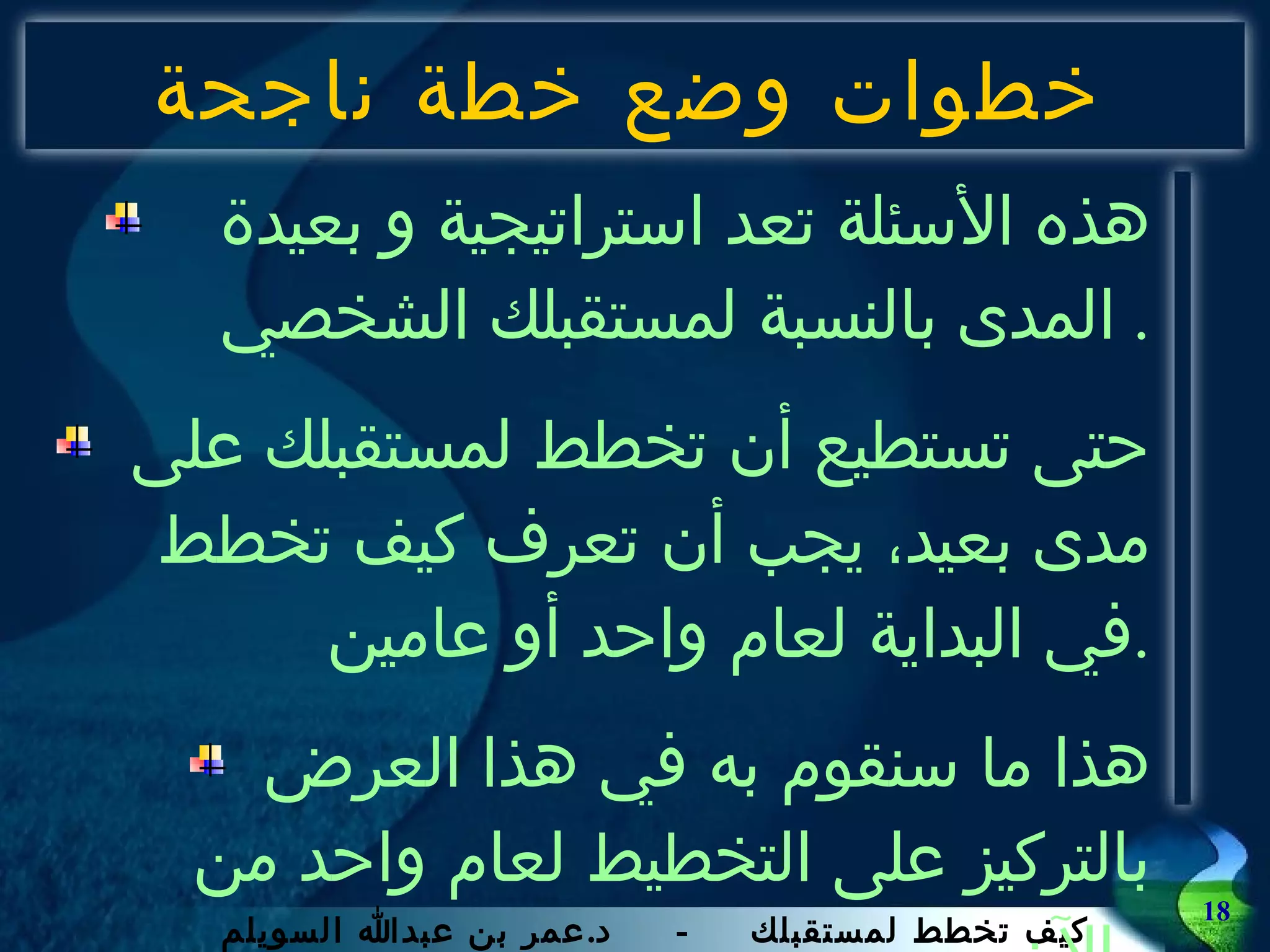 خطوات وضع خطة ناجحة هذه الأسئلة تعد استراتيجية و بعيدة المدى بالنسبة لمستقبلك الشخصي .  حتى تستطيع أن تخطط لمستقبلك على مدى بعيد، يجب أن تعرف كيف تخطط في البداية لعام واحد أو عامين . هذا ما سنقوم به في هذا العرض بالتركيز على التخطيط لعام واحد من الآن .  