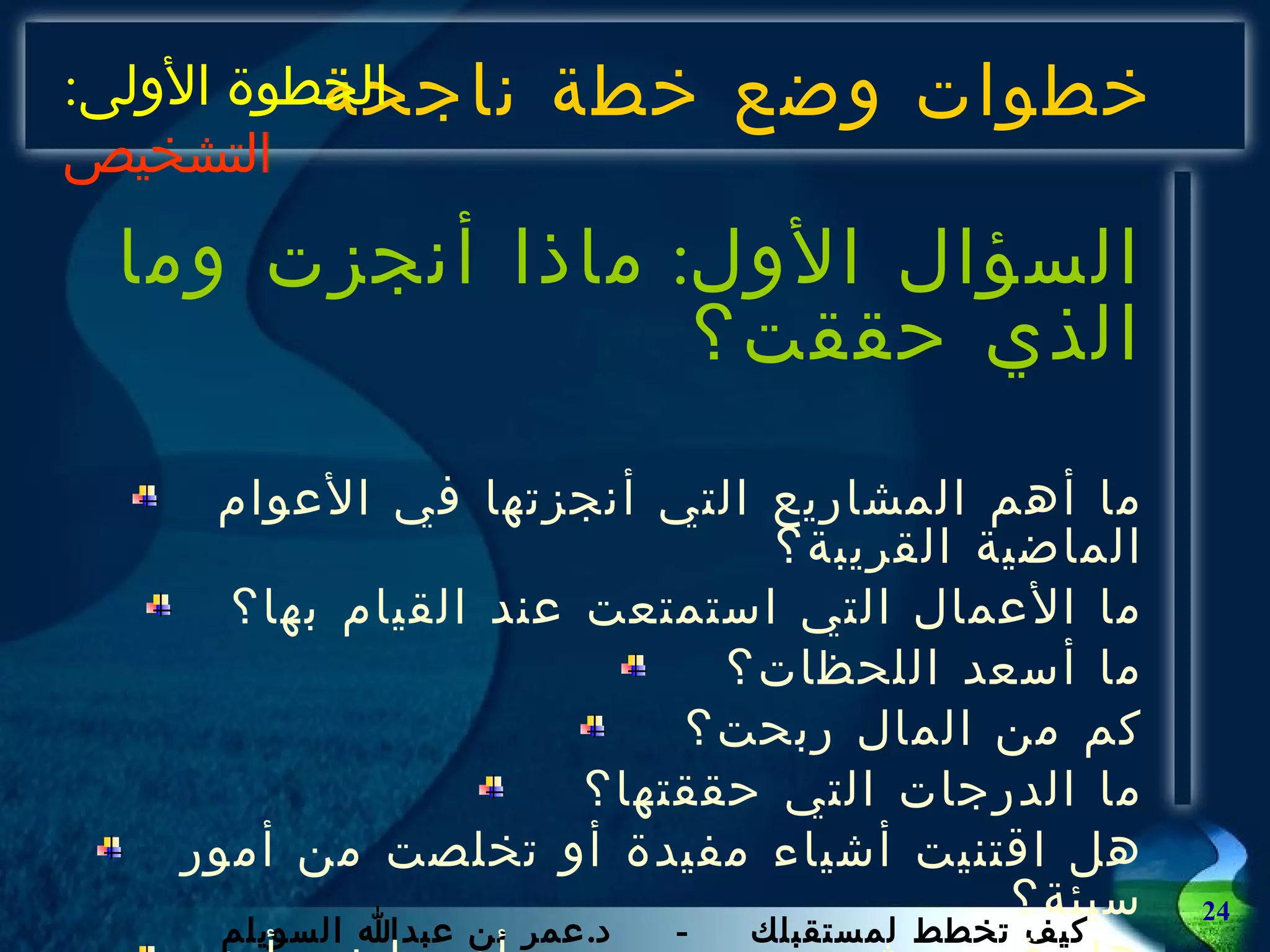 خطوات وضع خطة ناجحة السؤال الأول :  ماذا أنجزت وما الذي حققت؟ ما أهم المشاريع التي أنجزتها في الأعوام الماضية القريبة؟ ما الأعمال التي استمتعت عند القيام بها؟ ما أسعد اللحظات؟  كم من المال ربحت؟  ما الدرجات التي حققتها؟  هل اقتنيت أشياء مفيدة أو تخلصت من أمور سيئة؟  هل قمت بشيء مميز صحي أو رياضي أ و ثقافي أو على مستوى العلاقات مع الأسرة و الاصدقاء؟ الخطوة الأولى :  التشخيص 