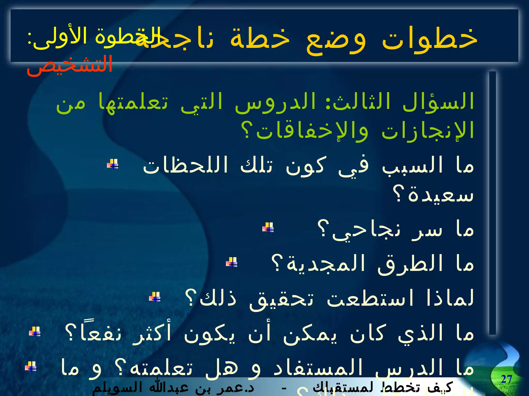 خطوات وضع خطة ناجحة السؤال الثالث :  الدروس التي تعلمتها من الإنجازات والإخفاقات؟ ما السبب في كون تلك اللحظات سعيدة؟  ما سر نجاحي؟  ما الطرق المجدية؟  لماذا استطعت تحقيق ذلك؟ ما الذي كان يمكن أن يكون أكثر نفعاً؟ ما الدرس المستفاد و هل تعلمته؟ و ما الدليل على ذلك؟ ما النصائح التي أقدمها لنفسي كي لا أكرر الخطأ؟ الخطوة الأولى :  التشخيص 